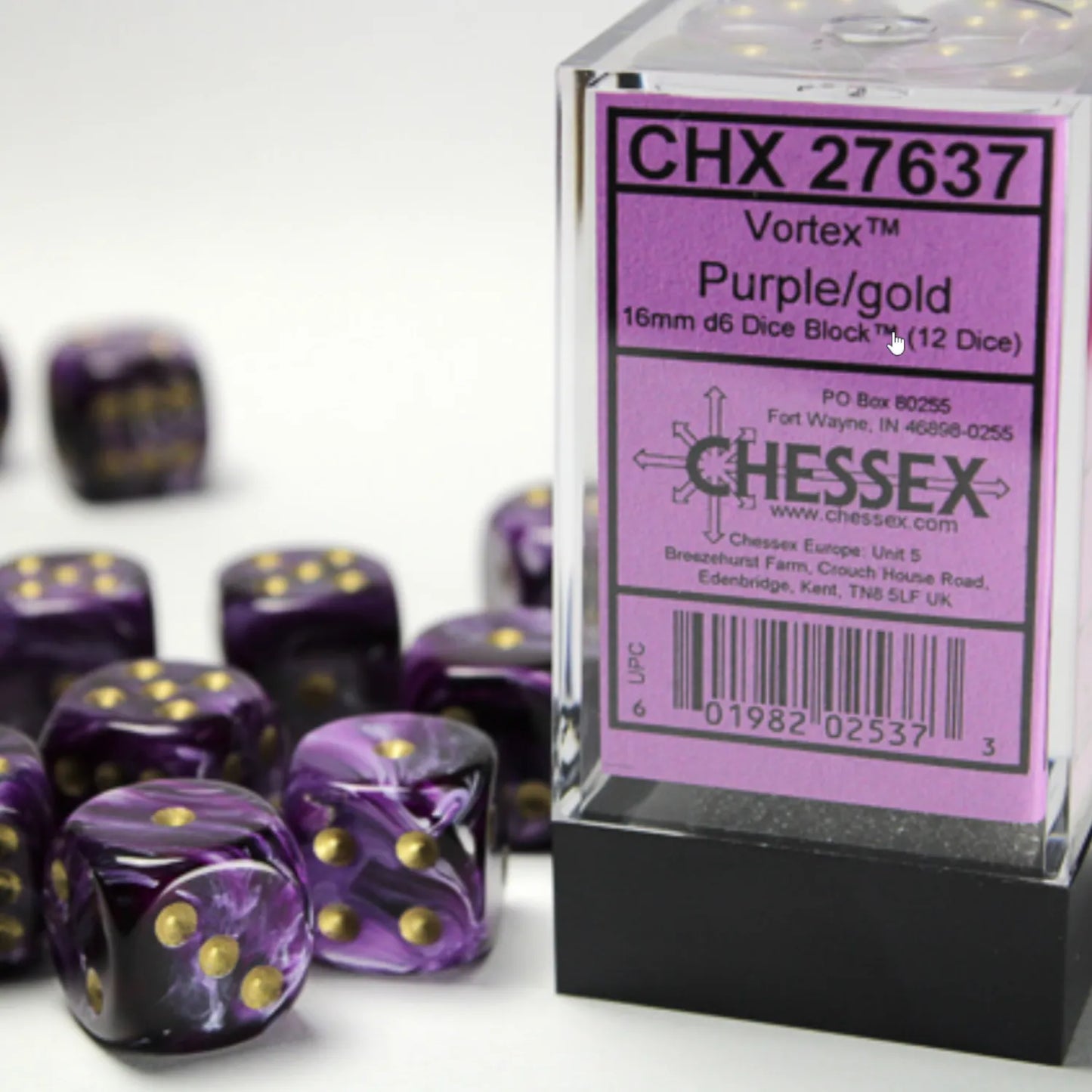Chessex: Vortex 16mm W6 Purple/gold Würfel Block (12) - Tabletop Würfelset