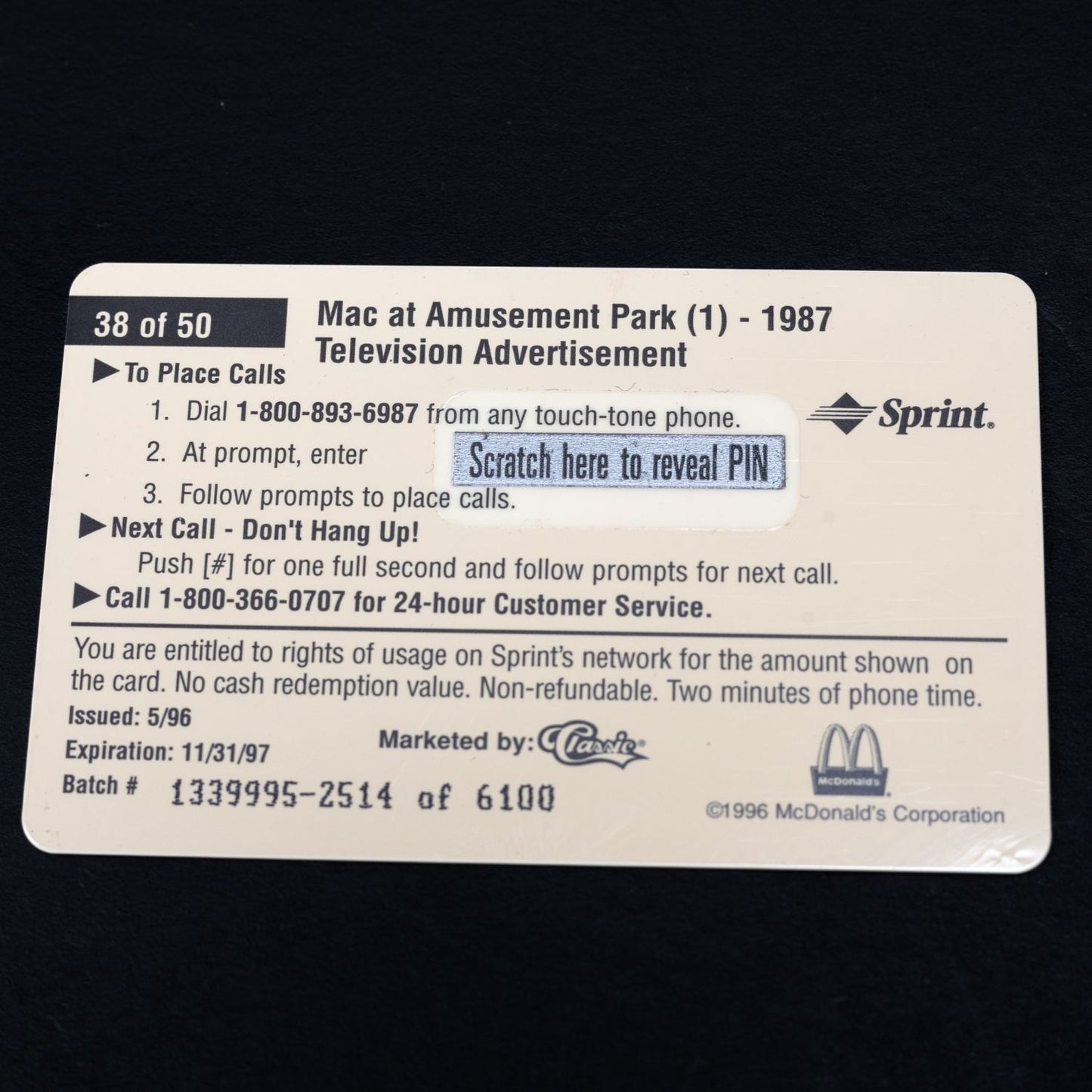 Telefonkarte - Mc Donalds Mac at Amusement Park - 2 USD - Auflage 6100 Stück