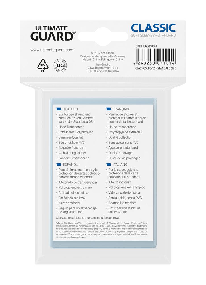 Ultimate Guard - Classic Soft Sleeves 100 Stück - Standardgröße - Transparent