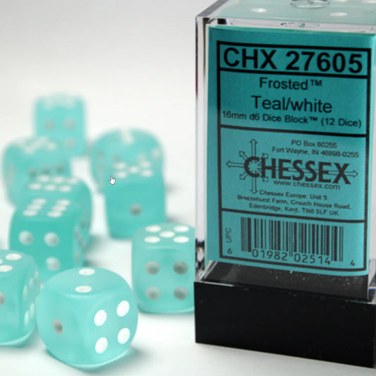Chessex: Frosted 16mm W6 Teal/white Würfel Block (12) - Tabletop Würfelset